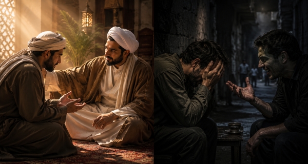 من شكا الحاجة إلى مؤمن فكأنه شكاها إلى الله، ومن شكاها إلى كافر فكأنما شكا الله