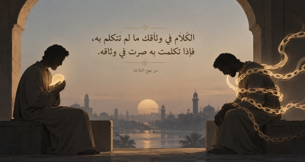 في ظلال نهج البلاغة ”الكلام في وثاقك ما لم تتكلم به، فإذا تكلمت به صرت في وثاقه“